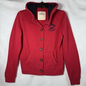 Hollister Classic Jacket Hood Button Red Cotton Preppy Sz Large Logo Embroidered